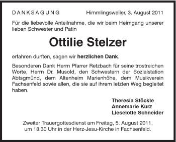 Traueranzeige von Ottilie Stelzer von Schwäbische Post