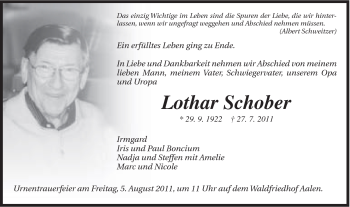Traueranzeige von Lothar Schrober von Schwäbische Post