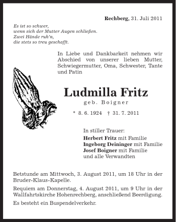 Traueranzeige von Ludmilla Fritz von Gmünder Tagespost