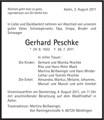 Traueranzeige von Gerhard Peschke von Schwäbische Post