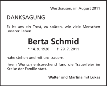 Traueranzeige von Berta Schmid von Schwäbische Post
