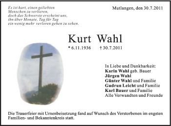 Traueranzeige von Kurt Wahl von Gmünder Tagespost
