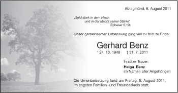 Traueranzeige von Gerhard Benz von Schwäbische Post