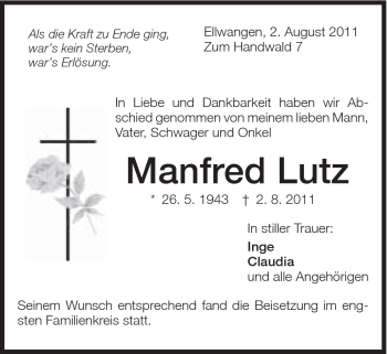 Traueranzeige von Manfred Lutz von Schwäbische Post
