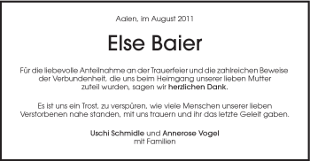 Traueranzeige von Else Baier von Schwäbische Post