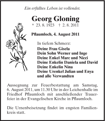 Traueranzeige von Georg Gloning von Schwäbische Post