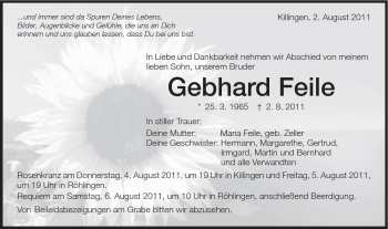 Traueranzeige von Gebhard Feile von Schwäbische Post