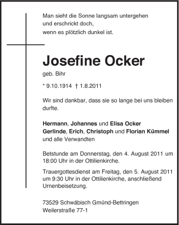 Traueranzeige von Josefine Ocker von Gmünder Tagespost