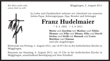 Traueranzeige von Franz Hudelmaier von Gmünder Tagespost