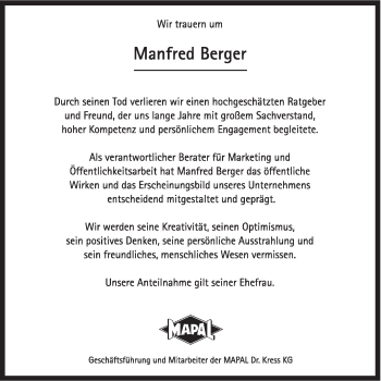 Traueranzeige von Manfred Berger von Schwäbische Post