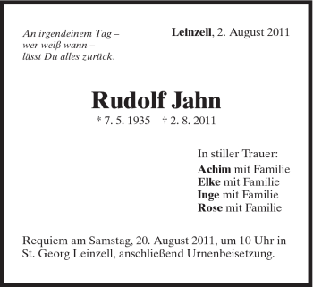 Traueranzeige von Rudolf Jahn von Gmünder Tagespost