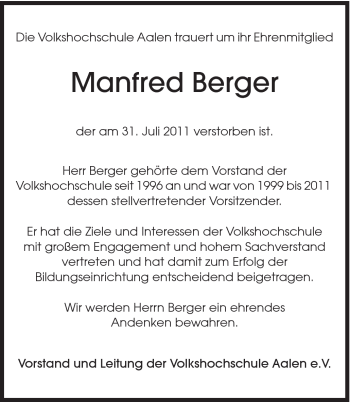 Traueranzeige von Manfred Berger von Schwäbische Post