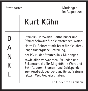 Traueranzeige von Kurt Kühn von Gmünder Tagespost