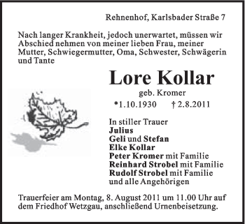 Traueranzeige von Lore Kollar von Gmünder Tagespost