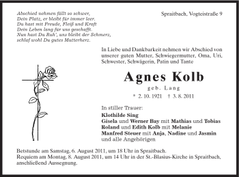 Traueranzeige von Agnes Kolb von Gmünder Tagespost