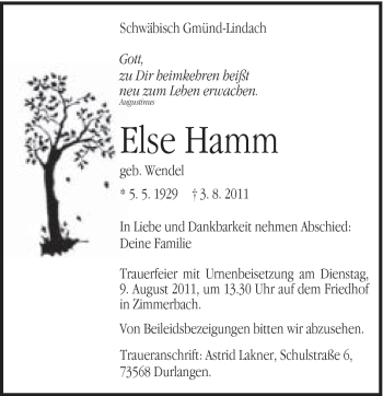 Traueranzeige von Else Hamm von Gmünder Tagespost