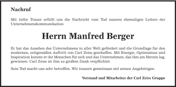 Traueranzeige von Manfred Berger von Schwäbische Post