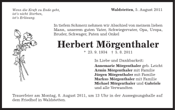 Traueranzeige von Herbert Mörgenthaler von Gmünder Tagespost