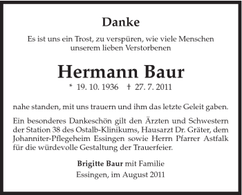 Traueranzeige von Hermann Baur von Schwäbische Post