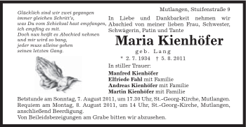 Traueranzeige von Maria Kienhöfer von Gmünder Tagespost