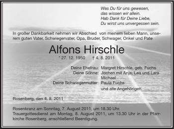 Traueranzeige von Alfons Hirschle von Schwäbische Post