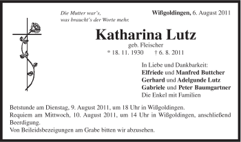 Traueranzeige von Katharina Lutz von Gmünder Tagespost