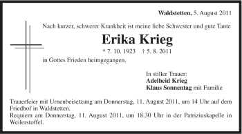 Traueranzeige von Erika Krieg von Gmünder Tagespost