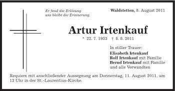 Traueranzeige von Artur Irtenkauf von Gmünder Tagespost