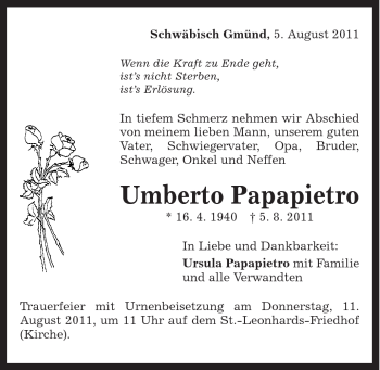 Traueranzeige von Umberto Papapietro von Gmünder Tagespost