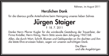 Traueranzeige von Jürgen Staiger von Schwäbische Post