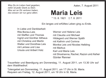 Traueranzeige von Maria Leis von Schwäbische Post