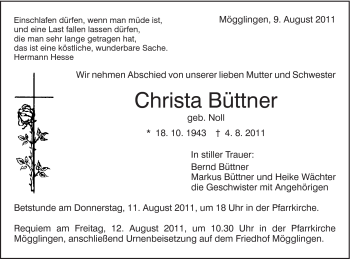 Traueranzeige von Christa Büttner von Gmünder Tagespost