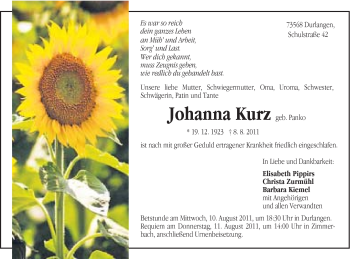 Traueranzeige von Johanna Kurz von Gmünder Tagespost