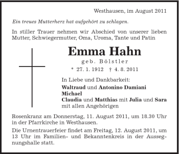 Traueranzeige von Emma Hahn von Schwäbische Post