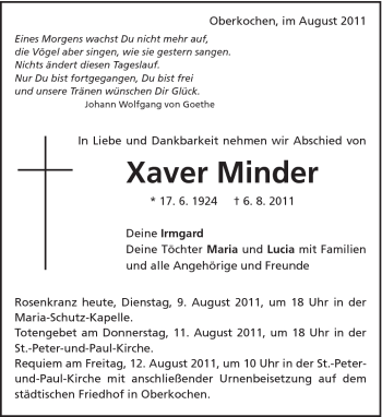 Traueranzeige von Xaver Minder von Schwäbische Post