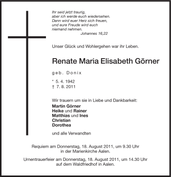Traueranzeige von Renate Maria Elisabeth Görner von Schwäbische Post