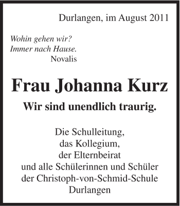 Traueranzeige von Johanna Kurz von Gmünder Tagespost