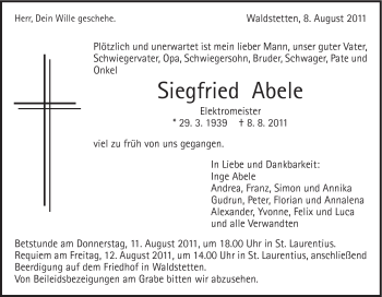 Traueranzeige von Siegfried Abele von Gmünder Tagespost