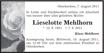 Traueranzeige von Lieselotte Mehlhorn von Schwäbische Post