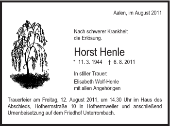 Traueranzeige von Horst Henle von Schwäbische Post