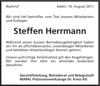 Traueranzeige von Steffen Herrmann von Schwäbische Post