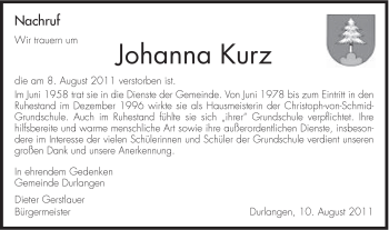 Traueranzeige von Johanna Kurz von Gmünder Tagespost