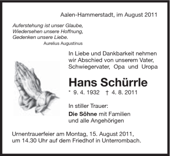 Traueranzeige von Hans Schürrle von Schwäbische Post