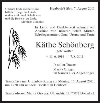 Traueranzeige von Käthe Schönberg von Gmünder Tagespost