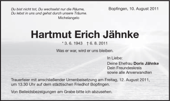 Traueranzeige von Hartmut Erich Jähnke von Schwäbische Post