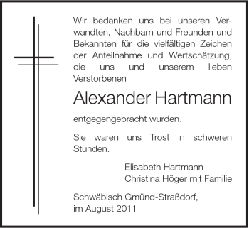Traueranzeige von Alexander Hartmann von Gmünder Tagespost