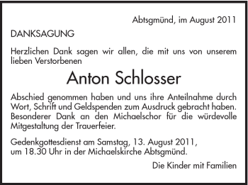 Traueranzeige von Anton Schlosser von Schwäbische Post