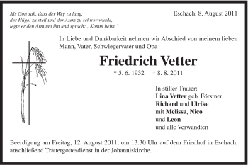 Traueranzeige von Friedrich Vetter von Gmünder Tagespost