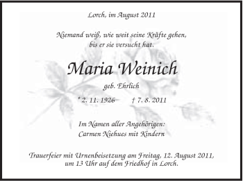 Traueranzeige von Maria Weinich von Gmünder Tagespost