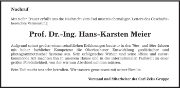 Traueranzeige von Hans-Karsten Meier von Schwäbische Post